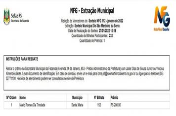 Ganhador da Nota Fiscal Gaúcha - Janeiro
