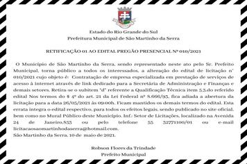 RETIFICAÇÃO 01 AO EDITAL PREGÃO PRESENCIAL Nº 010/2021