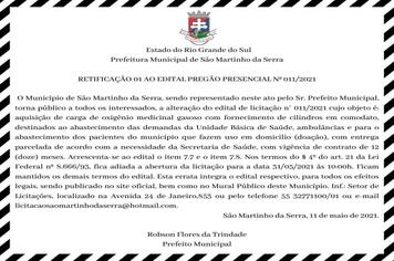 RETIFICAÇÃO 01 AO EDITAL PREGÃO PRESENCIAL Nº 011/2021