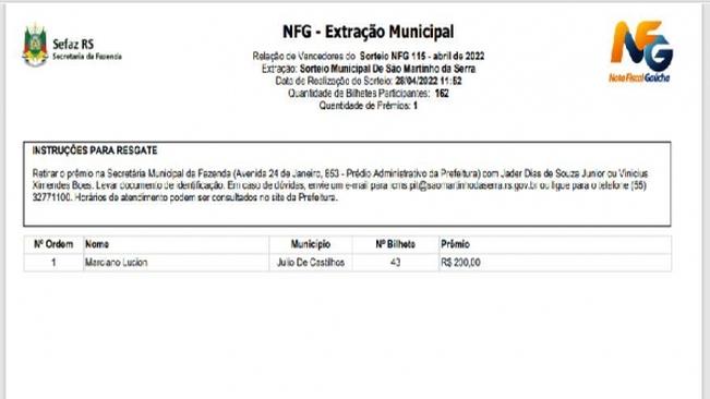 Resultado do programa peça nota - NOTA FISCAL GAÚCHA