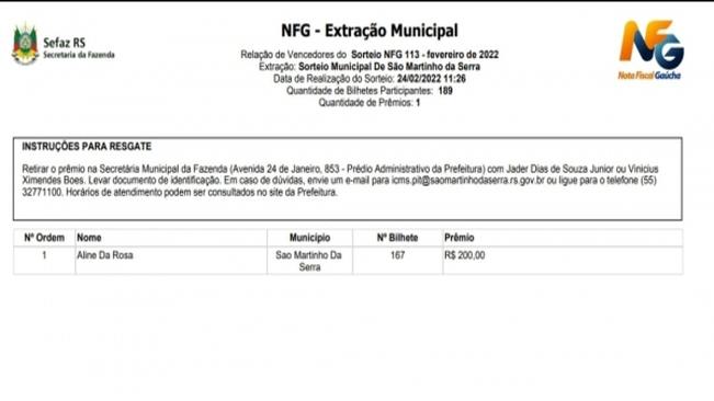 Resultado do prêmio - NOTA FISCAL GAÚCHA