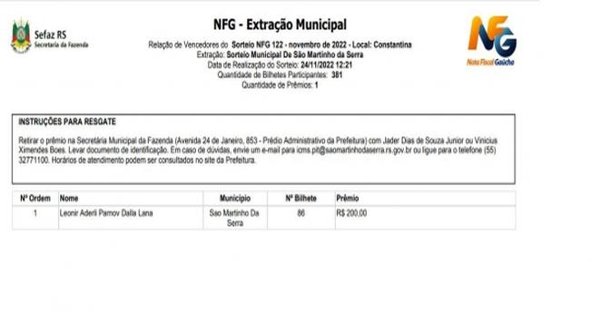 Resultado do programa peça nota - NOTA FISCAL GAÚCHA